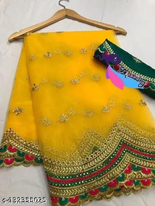 Yellow embellished net saree with separate silk blouse, Indian hand-embroidered traditional attire