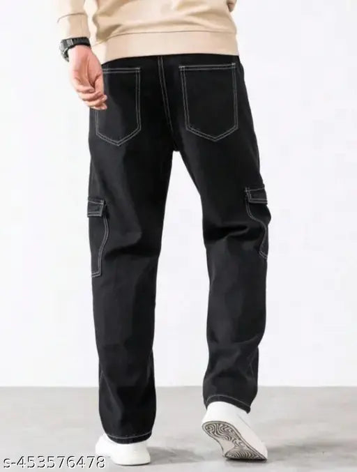 Denim baggy jeans with six pockets, non-stretch 100% cotton for men - solid color, bell-bottom design, machine washable