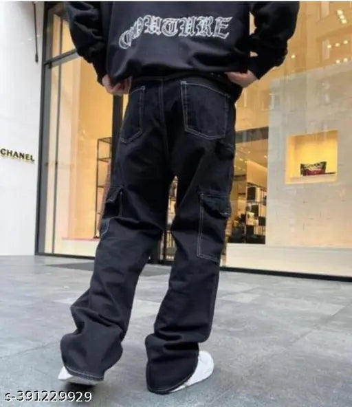 Cotton baggy jeans, black, mid-rise, straight six pockets, men's denim, India origin, size options: 28in x 39in, 30in x 39in, 32in x 39in