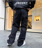Black cotton baggy jeans for boys, mid-rise, straight six pockets design, sizes 28, 30, 32 - made in India