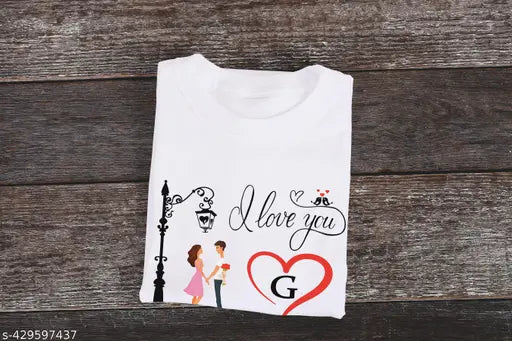 White polyester round neck typography T-shirt featuring 'I Love You A to Z' and heart prints, ideal for men and women
