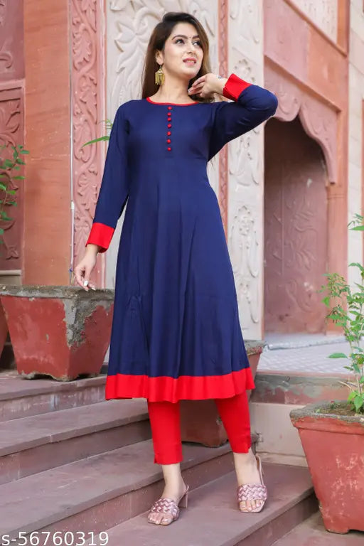 Trendy viscose rayon anarkali kurti, solid combo, three-quarter sleeves. Ideal for parties & festivals. Made in India