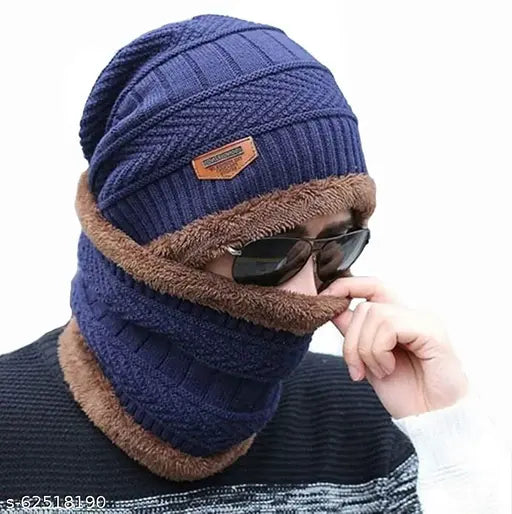 Nylon self-design unisex knit skull cap with neck warmer & scarf (India), premium quality woolen winter wear for men & women