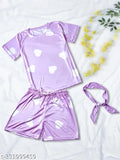 Heart print silk night suit set: T-shirt, pajamas, and shorts with drawstring elastic waistband, India-made luxury sleepwear