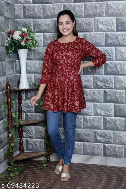 Women's rayon gold printed festival top, three-quarter sleeves, Indian handcrafted partywear fashion