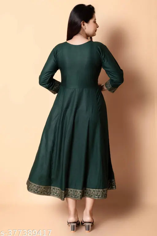 Deep Green Rayon Anarkali Kurta with intricate embroidery and vibrant prints, perfect blend of style and comfort