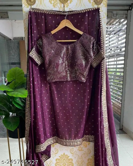 Wine-colored Vichitra Silk sari with stitched satin blouse, embellished net pattern, ready-to-wear Indian wedding wear. Traditional bridal partywear saree from India