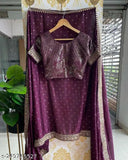 Wine-colored Vichitra Silk sari with stitched satin blouse, embellished net pattern, ready-to-wear Indian wedding wear. Traditional bridal partywear saree from India