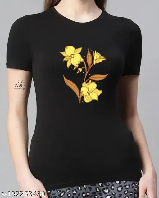 Black cotton short-sleeve Goodsign shirt with printed design, made in India