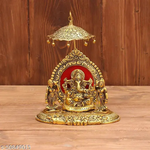 Golden metal Crafticia Lord Ganesh with Ridhi and Sidhi showpiece (16x14x20cm), symbolizing prosperity for pooja rooms or temples