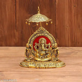 Golden metal Crafticia Lord Ganesh with Ridhi and Sidhi showpiece (16x14x20cm), symbolizing prosperity for pooja rooms or temples