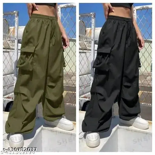 Green polyester women's cargo pants