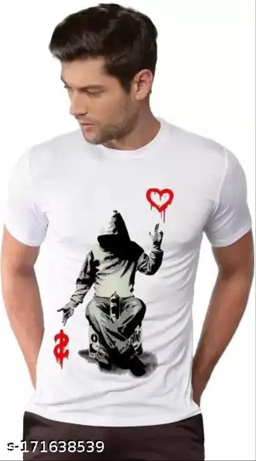 Men's graphic print round neck polyester white t-shirt, half sleeve, casual style with short sleeves and printed design