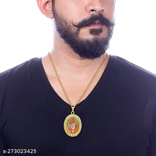 Gold-plated brass Shirdi Sai Baba pendant necklace, intricately detailed image of Sai Baba on metal chain