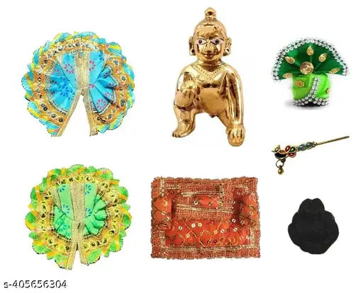 Laddu Gopal, golden-yellow Thakurji 1 no size with 2 poshak set, poshak with chamchori and dau, gada sethairbansipagdi
