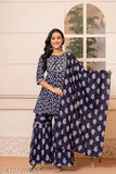 A blue rayon kurta and dupatta set on a model, showcasing festive attire