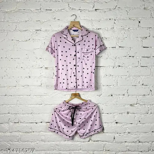 Women's silk blend winter night suit combo - printed net, includes shirt, pajamas, and shorts. Soft to wear with a shiny exterior, signifying comfort and luxury. Made in India