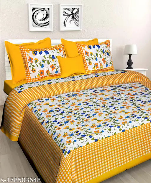 Pure cotton, floral-patterned double combo bedsheets with 4 pillow covers, ideal for summer adult use. Made in India." (105 characters)