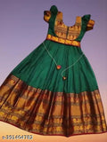 South Indian silk kurti gown for girls, traditional full-length maxi dress in self-design net. Silk fabric with short sleeves, perfect for kids and teenagers