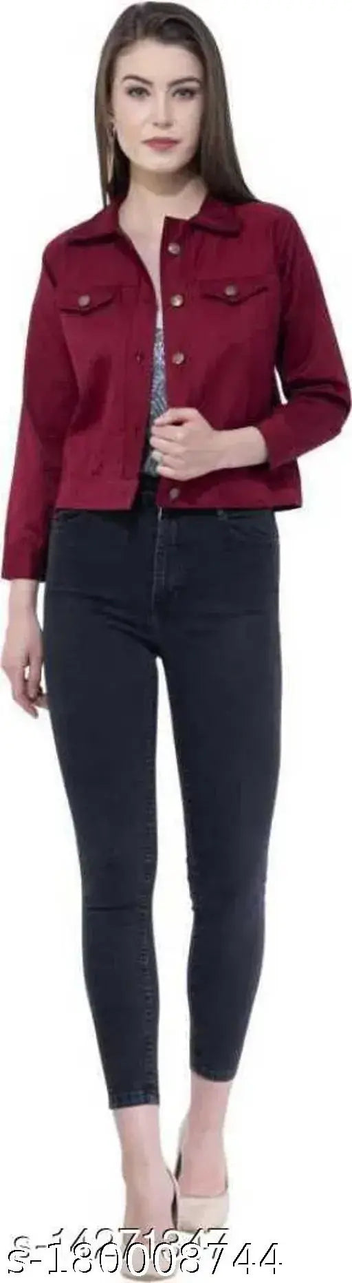 Stylish maroon denim jacket for women, solid net pattern, three-quarter sleeves, size S (36in bust, 19in length)