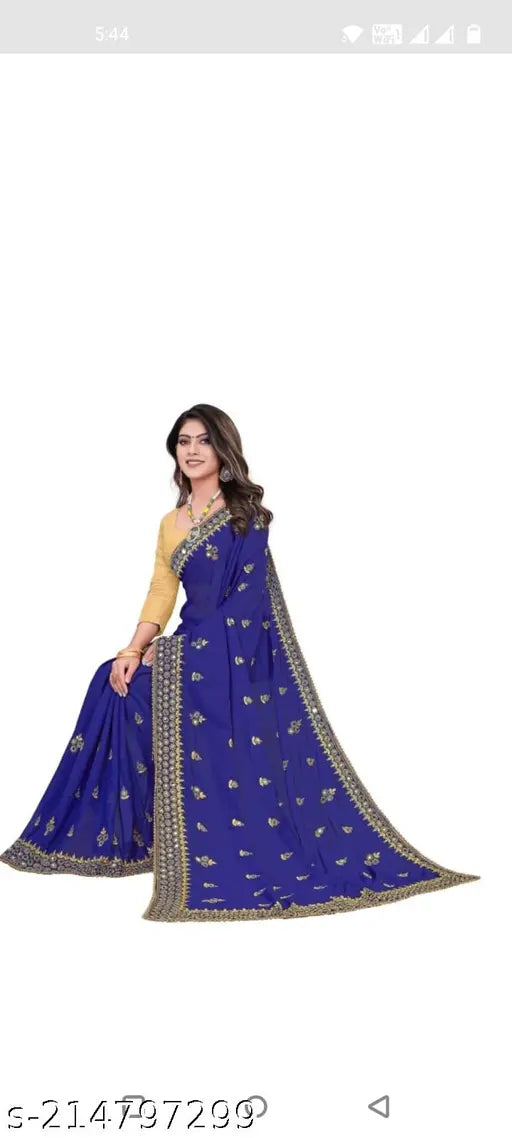 Blue georgette saree with golden border, midi length