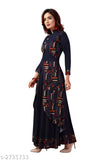 Rayon printed long kurta with ankle length, neck collar and three-quarter sleeves by Madhuram Textiles. Ideal for parties and festivals. High-quality rayon fabric, trendy 3/4 sleeves, front side buttons, and a modern Chinese collar. Made in India