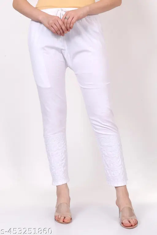White embroidered cotton pant for women, India-origin, net pattern, S-XXL sizes