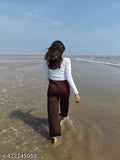 Brown women's high-rise trousers with a zip closure, polyester blend material