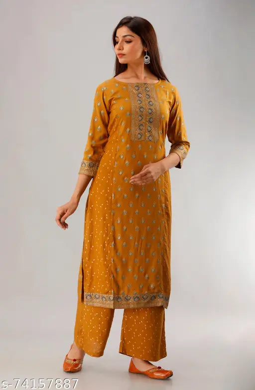 MAUKA Women's Gold Foil Printed Rayon Kurta & Palazzo Set (2), rayon fabric, three-quarter sleeves, auspicious Indian fashion