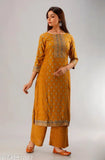MAUKA Women's Gold Foil Printed Rayon Kurta & Palazzo Set (2), rayon fabric, three-quarter sleeves, auspicious Indian fashion
