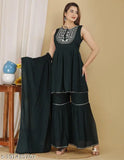 Women's rayon kurta set, green with sharara and dupatta