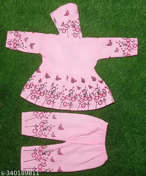 Pink flowered fabric set with matching jacket and skirt