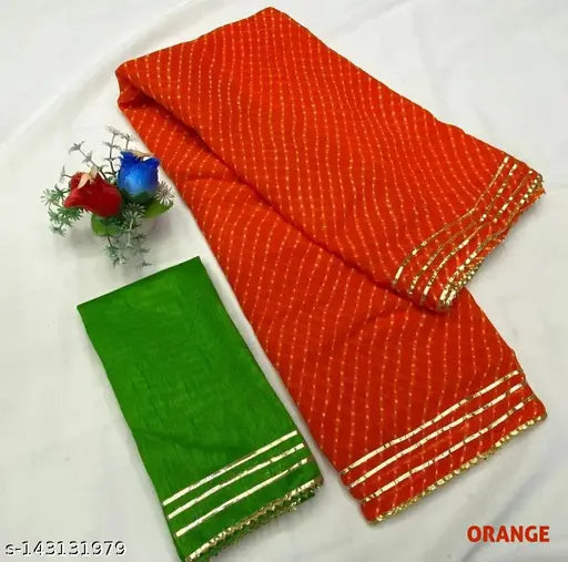 Orange and green georgette lehenga saree, with gota pati border