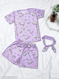 Unicorn print silk night suit set (T-shirt, pajama, shorts) - soft, shiny, comfortable sleepwear with drawstring elastic waistband, India origin