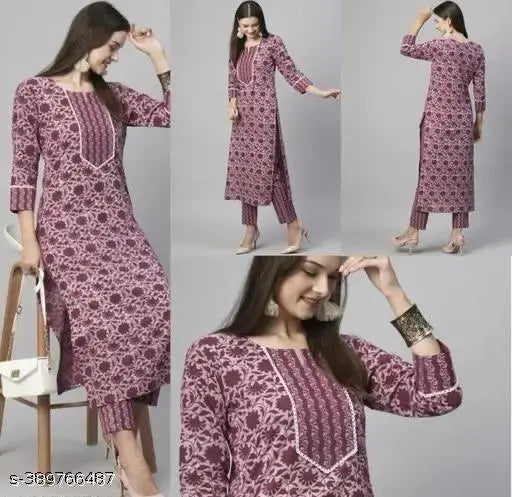 Stylish cotton daily wear kurta set with palazzos, three-quarter sleeves, printed net, by Takshil Creation