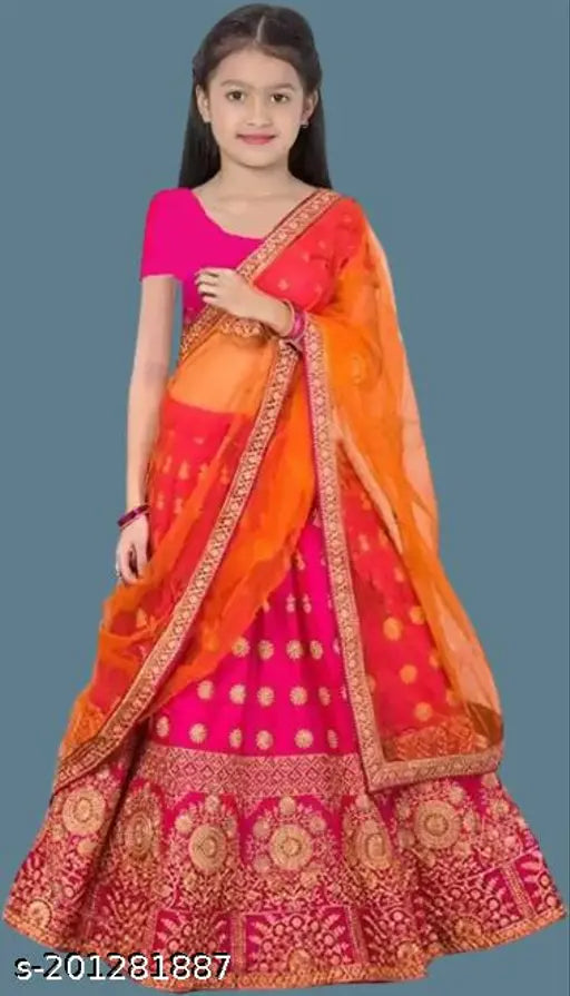Taffeta silk embroidered Lehenga Choli for girls (4-15 years), traditional Indian partywear or ethnic wear on display stand