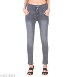 Blue skinny jeans with button fly and zippered side pockets, cropped length