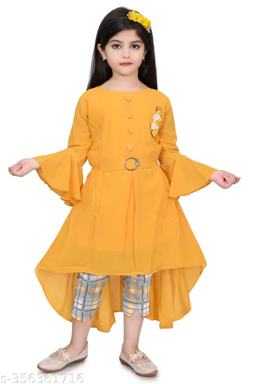 Yellow capri dress with flared long sleeves and yellow ribbon at waist