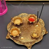 Decorative gold-plated Indian handicraft puja thali set with 3 bowls and 1 diya, perfect for home worship or welcoming guests