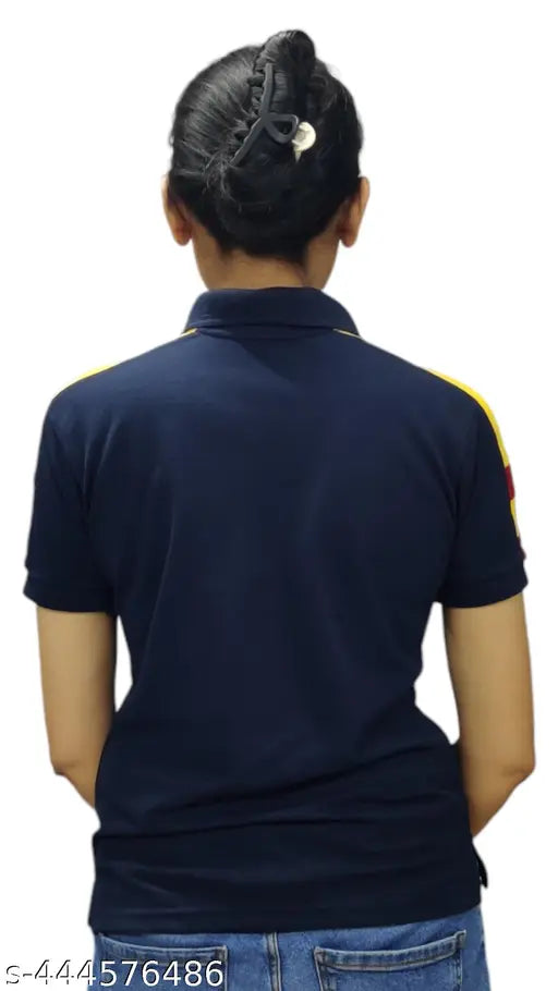Navy Blue Multi-Colored Collar Cotton Blend T-Shirt for Women & Girls - Breathable, Moisture-Wicking, Smart Collar Design