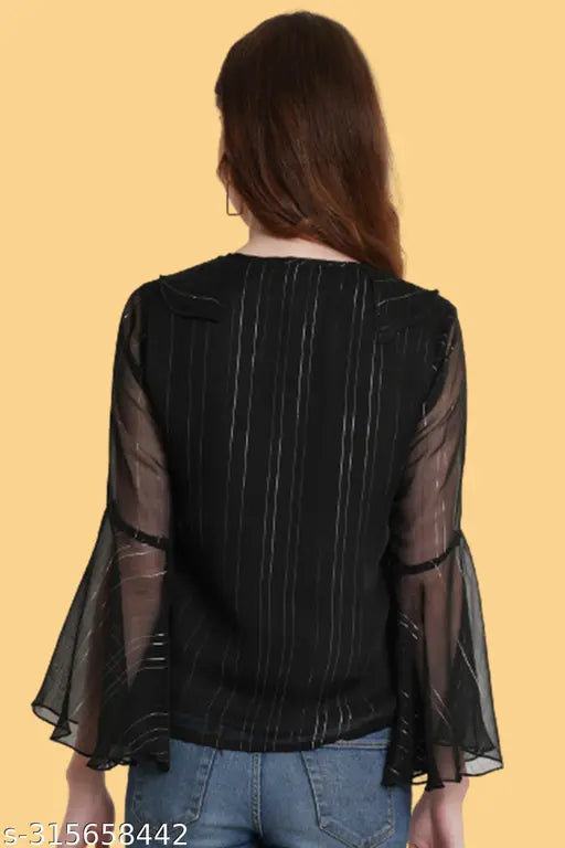 Black chiffon-poly striped ruffle sleeves top, long sleeves, perfect for casual and party wear - Indian origin