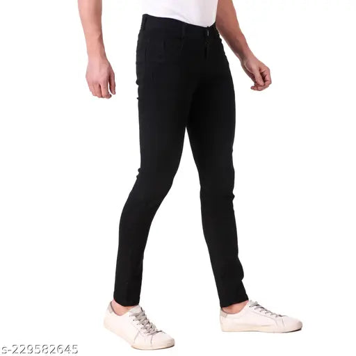 Men's black slim fit stretchable denim jeans, high-quality solid print with no fade, mid-rise, buttons and zip closure. Sizes include 28 (in), 30 (in), 32 (in), 34 (in), 36 (in). Made in India. Product color may slightly vary due to photographic and lighting sources on display settings