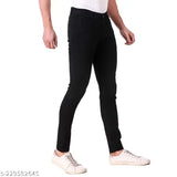 Men's black denim slim fit stretchable jeans, high-quality color-guaranteed soft fabric with excellent finishing. Mid-rise, 5-pocket design, solid print, buttons and zip closure. Available in sizes 28 (28in/41in), 30 (30in/41in), 32 (32in/41in), 34 (34in/41in), 36 (36in/41in). Sizes may vary slightly due to photographic and lighting sources. Country of Origin: India