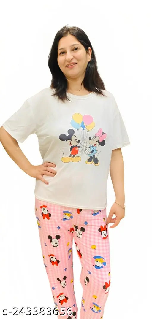 Quirky cartoon print polyester women's pajama set: top & lower with short sleeves