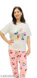 Quirky cartoon print polyester women's pajama set: top & lower with short sleeves