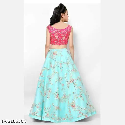 Kids SkyPink Lehenga CHoli: Embroidered Dupion silk lehenga, net dupatta, sleeveless top. Indian party wear for kids ages 3-16 years