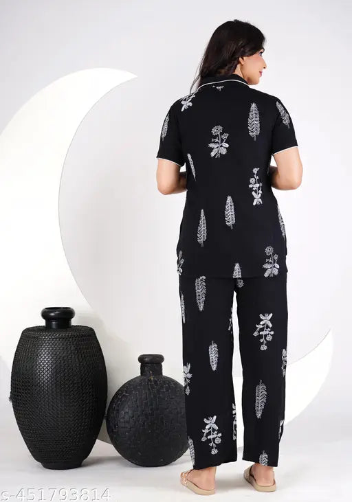 Elegant black rayon night suit with printed green shirt & pyjamas, soft, comfortable sleepwear for women