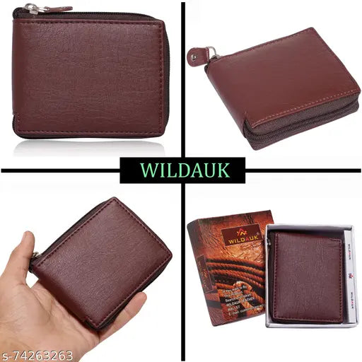 Brown artificial leather men's casual travel formal wallet, textured pattern, 3 card slots, compact size (11cm x 9cm) with round zip closure and chain closure, high-quality PU material