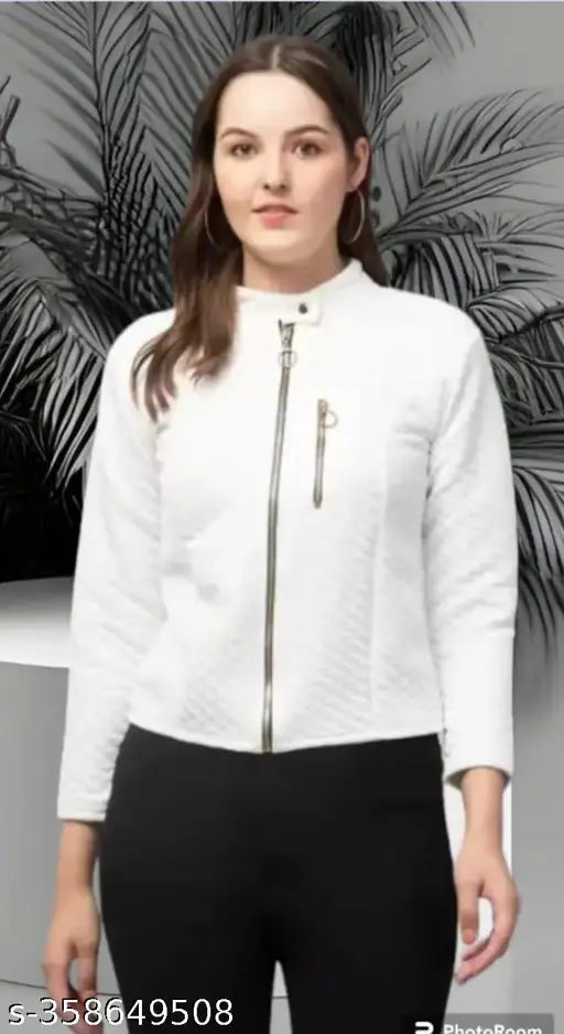 Warm white wool jacket with long sleeves for women, solid design from India