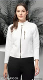 Warm white wool jacket with long sleeves for women, solid design from India